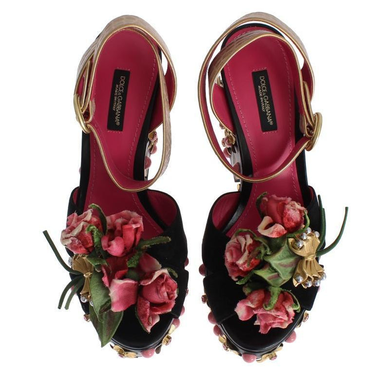 Black Leather Floral Crystal Platform Shoes