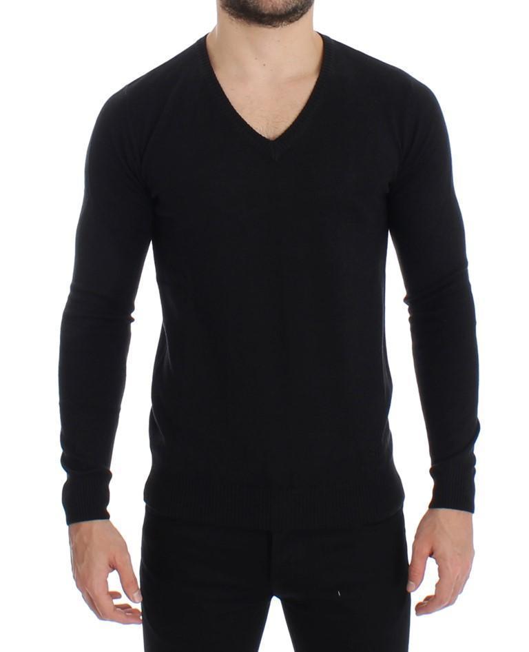 Black Wool Blend Mens V-neck Pullover Sweater