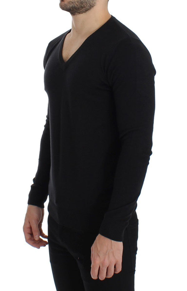 Black Wool Blend Mens V-neck Pullover Sweater