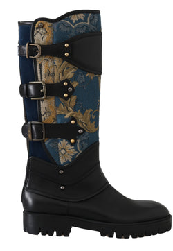 Shoes Black Blue Leather Brocade Stud Boots