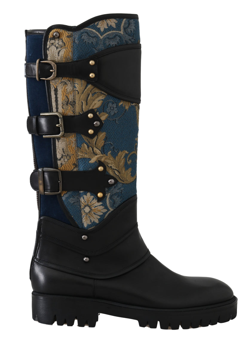 Shoes Black Blue Leather Brocade Stud Boots
