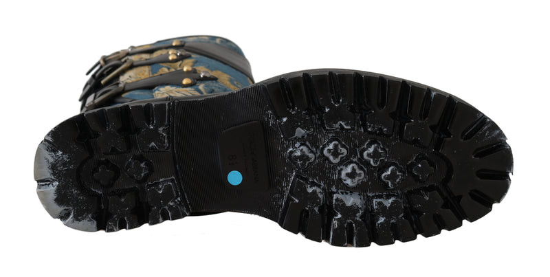 Shoes Black Blue Leather Brocade Stud Boots