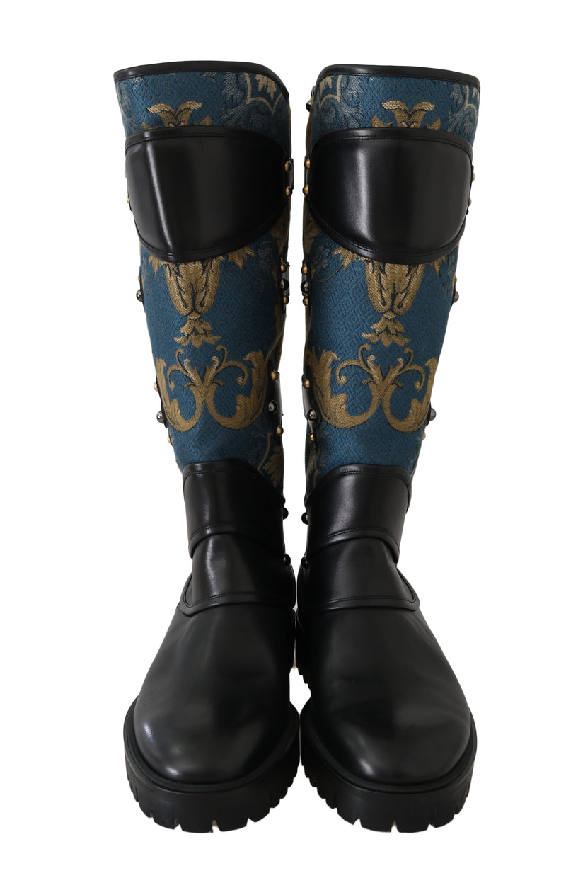Shoes Black Blue Leather Brocade Stud Boots