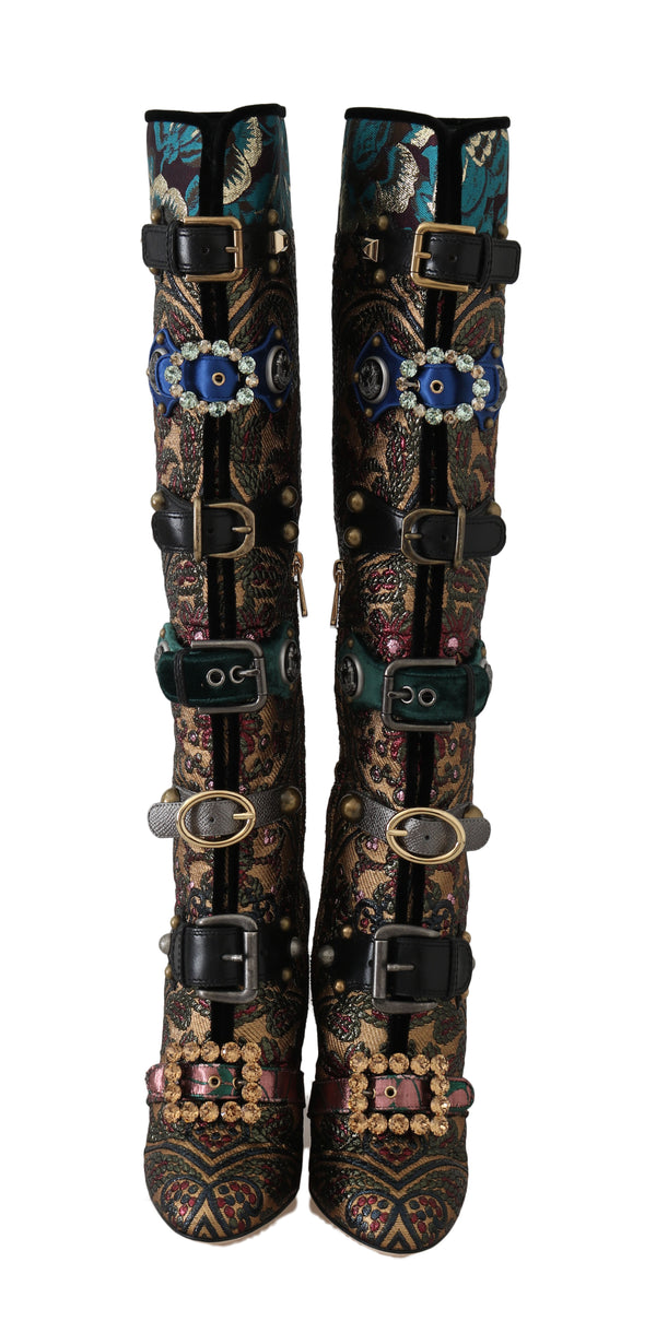 Gold Green Jacquard Crystal Boots