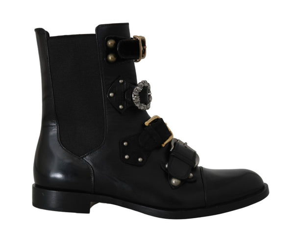 Black Leather Crystal Ankle Boots