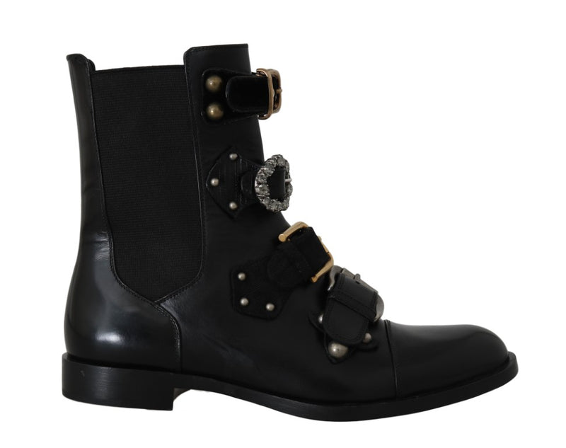 Black Leather Crystal Ankle Boots