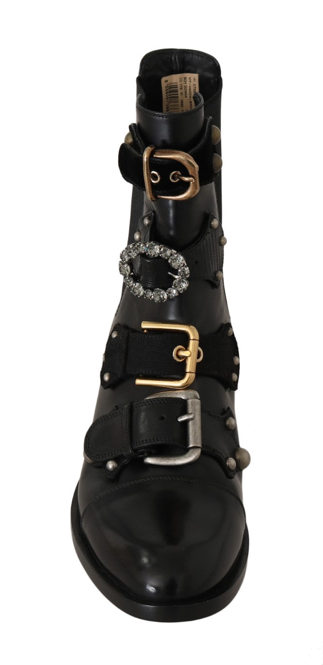 Black Leather Crystal Ankle Boots