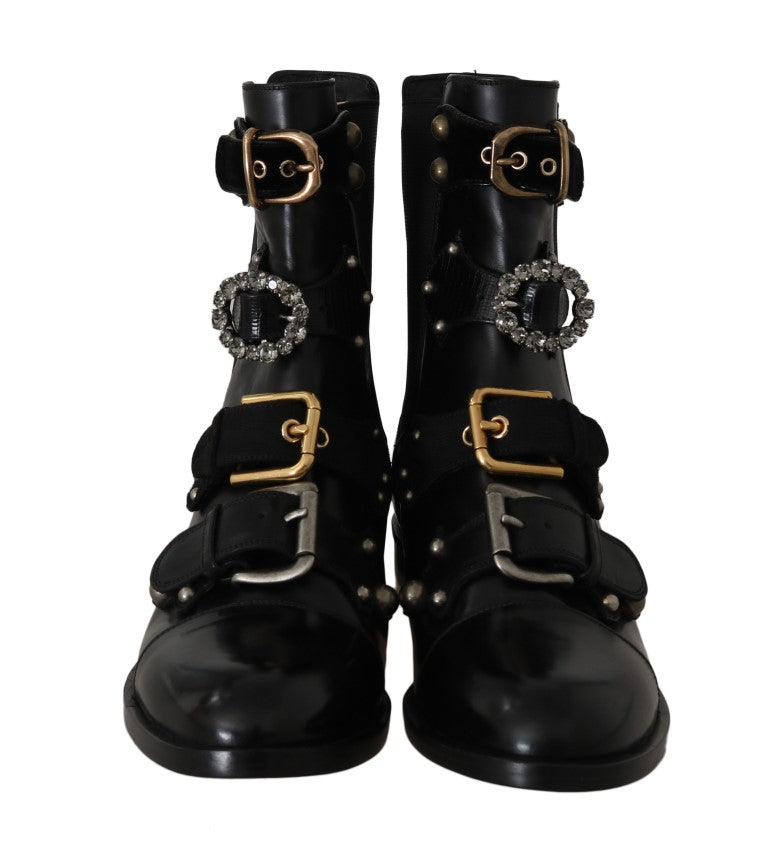 Black Leather Crystal Ankle Boots