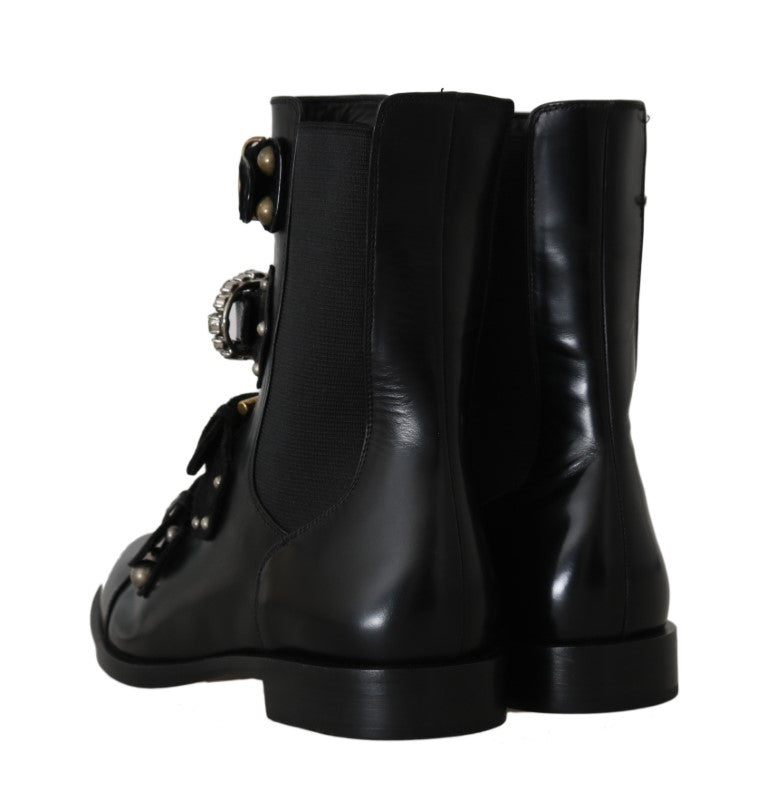 Black Leather Crystal Ankle Boots