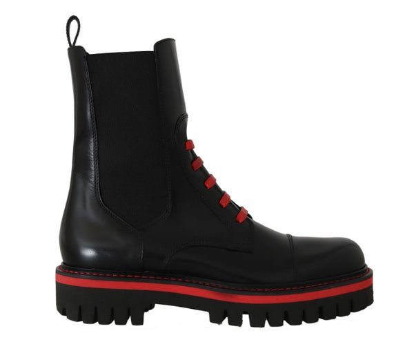 Black Red Leather Biker Ankle Boots