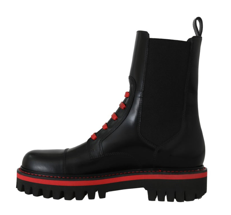 Black Red Leather Biker Ankle Boots