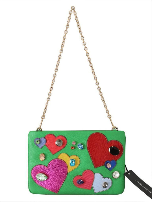 Green Leather Heart Crystal Clutch Bag