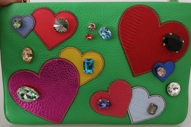 Green Leather Heart Crystal Clutch Bag