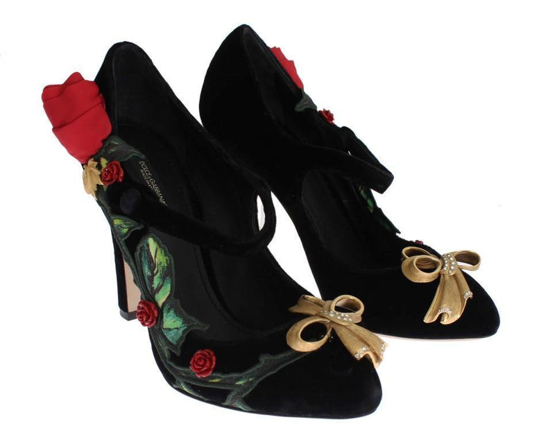 Black Velvet Roses Mary Janes Pumps Shoes for Women with Gold Bow