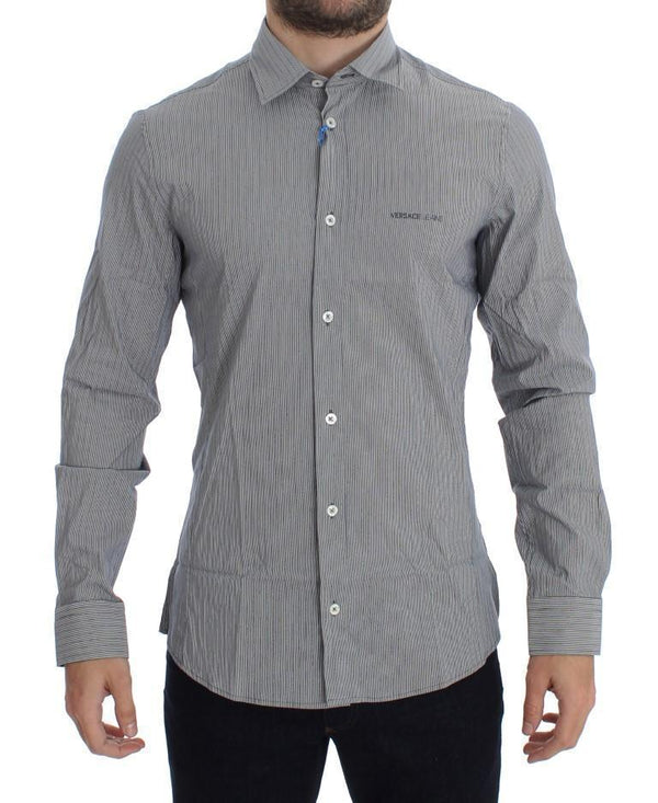 Gray Striped Slim Fit Cotton Shirt