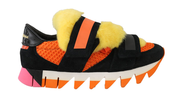 Orange Leather Yellow Fur Sneakers