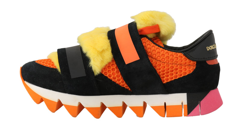 Orange Leather Yellow Fur Sneakers