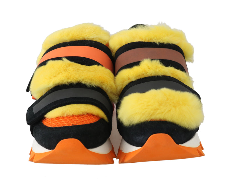 Orange Leather Yellow Fur Sneakers
