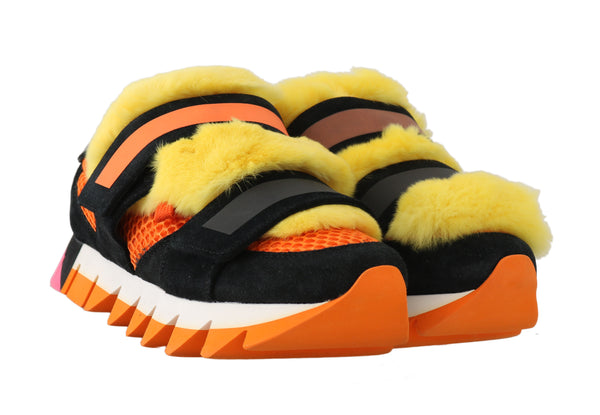 Orange Leather Yellow Fur Sneakers