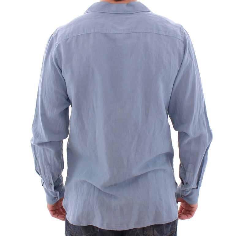 Blue Linen Cotton Blend Casual Dress Shirt