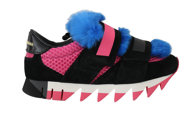 Black Leather Blue Fur Shoes Sneakers