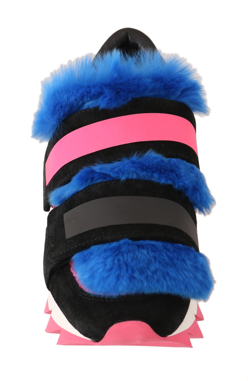 Black Leather Blue Fur Shoes Sneakers