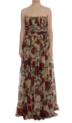 Pink Red Roses Silk Long Shift Dress