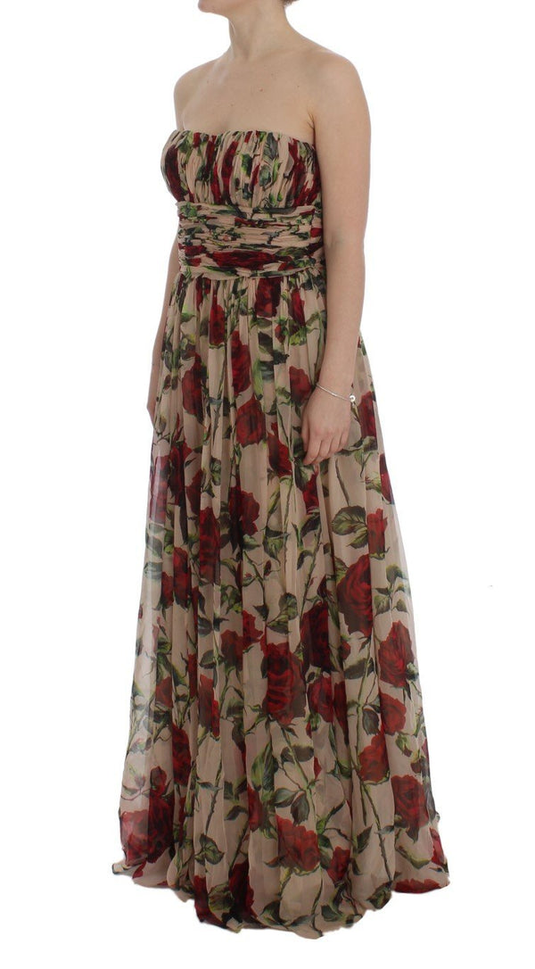 Pink Red Roses Silk Long Shift Dress