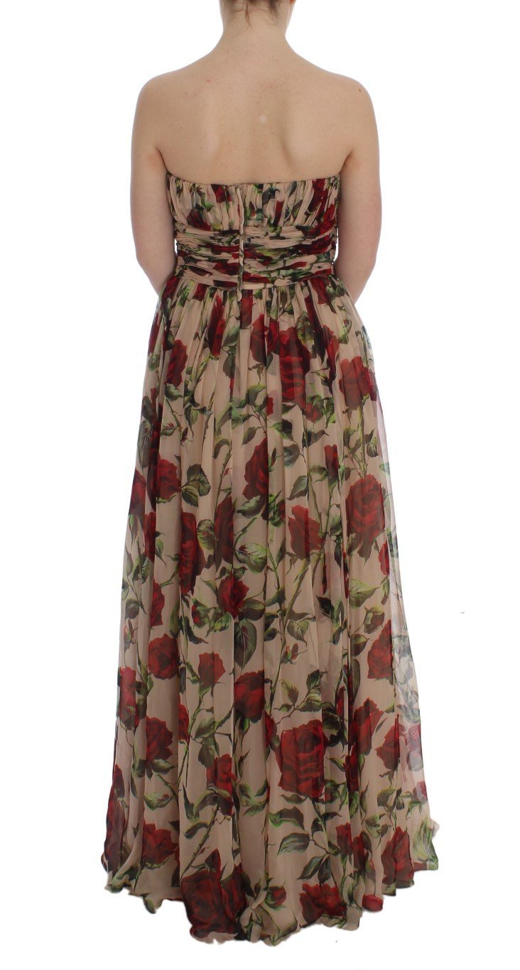 Pink Red Roses Silk Long Shift Dress