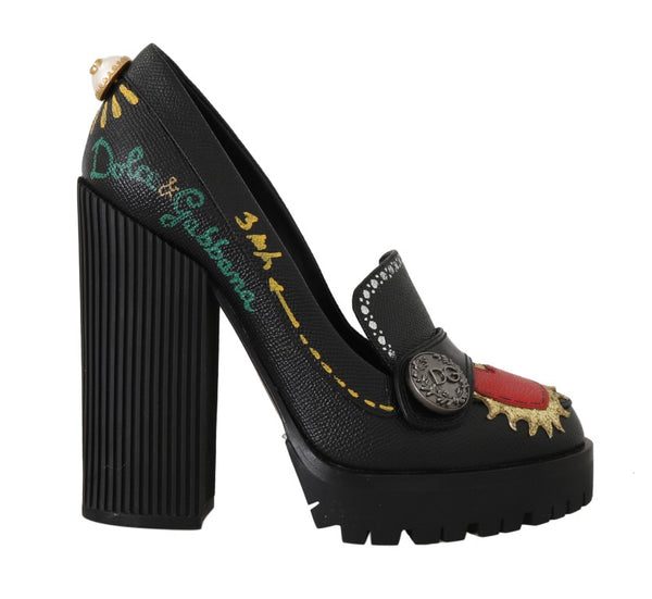 Black Leather Heel Platform Moccasins