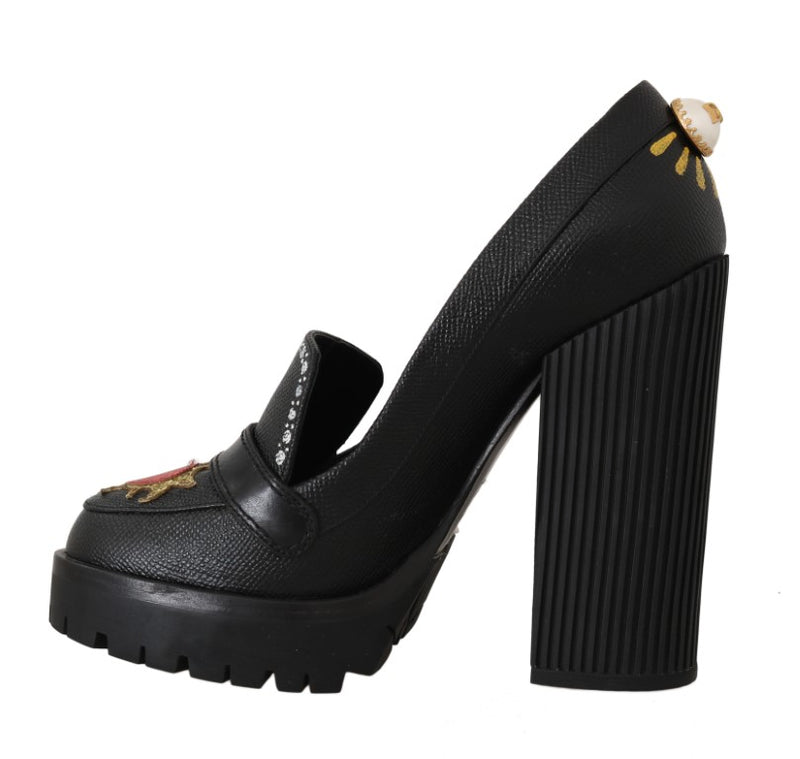 Black Leather Heel Platform Moccasins