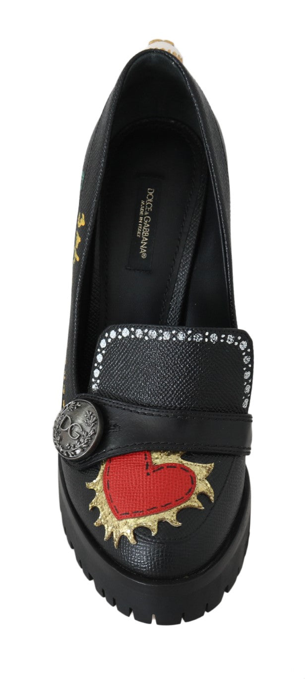 Black Leather Heel Platform Moccasins