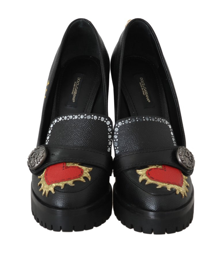 Black Leather Heel Platform Moccasins