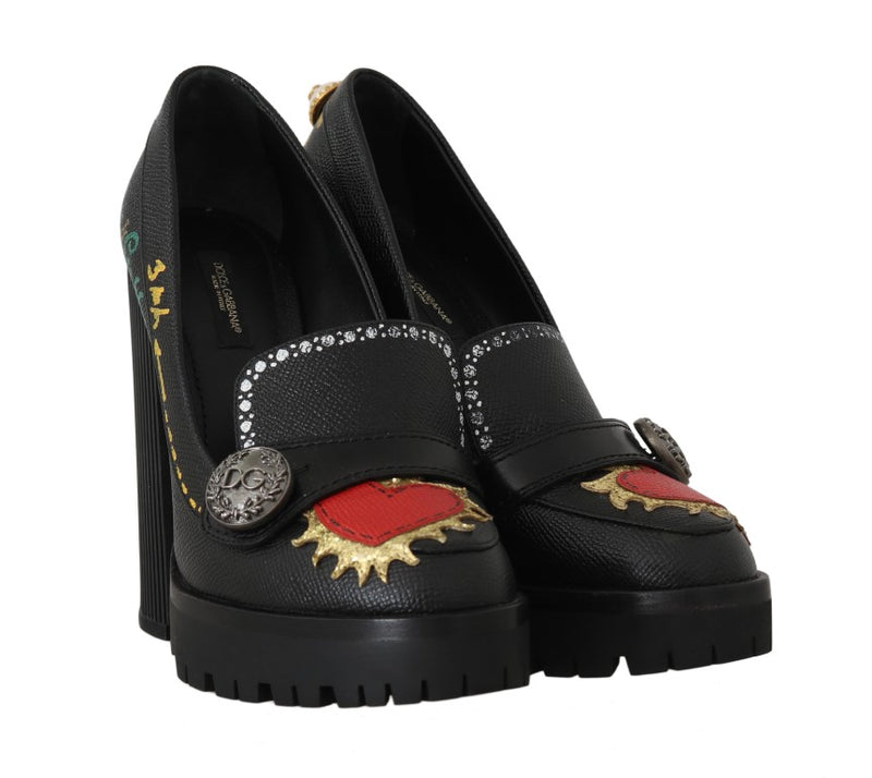 Black Leather Heel Platform Moccasins