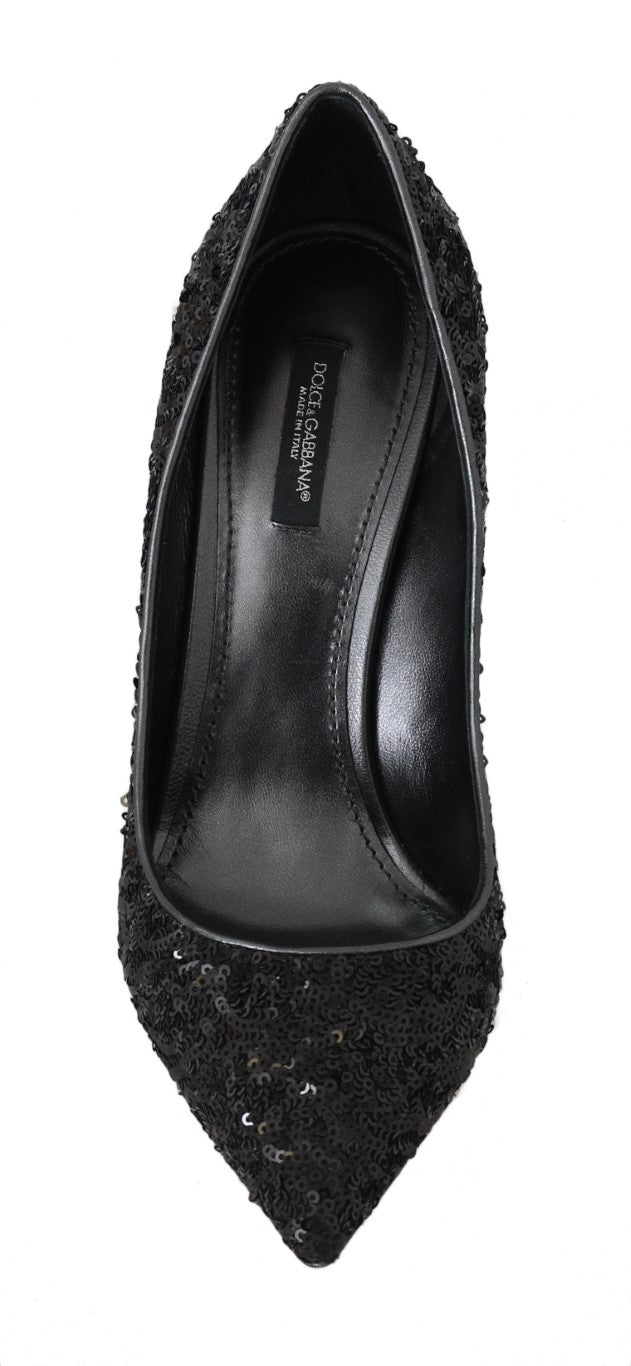 Black Sequined Leather Pumps Heels