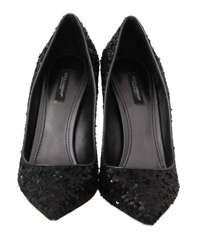 Black Sequined Leather Pumps Heels