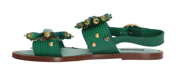 Green Leather Crystal Sandals