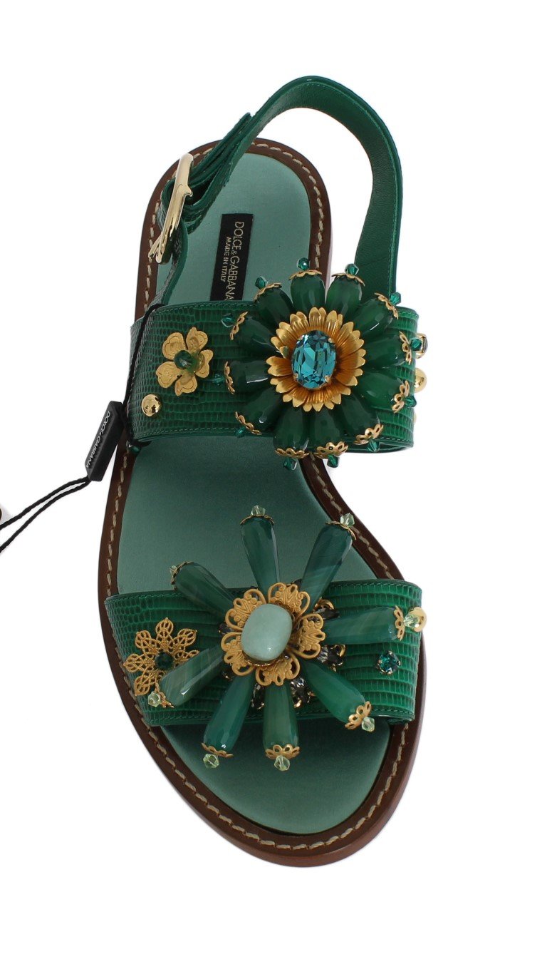Green Leather Crystal Sandals