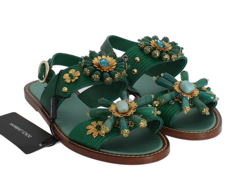 Green Leather Crystal Sandals