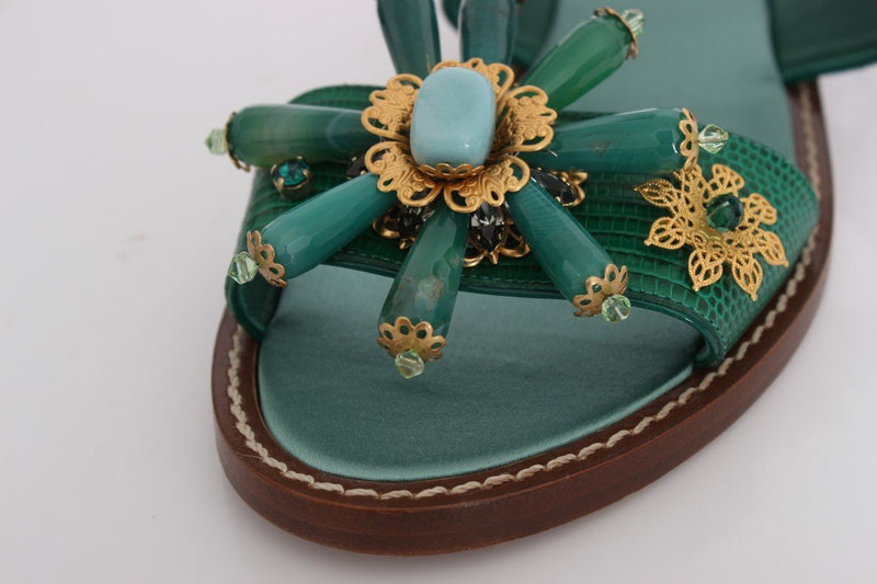 Green Leather Crystal Sandals