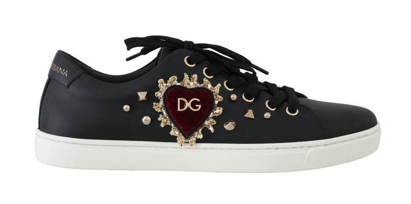Black Leather Gold Red Heart Sneakers