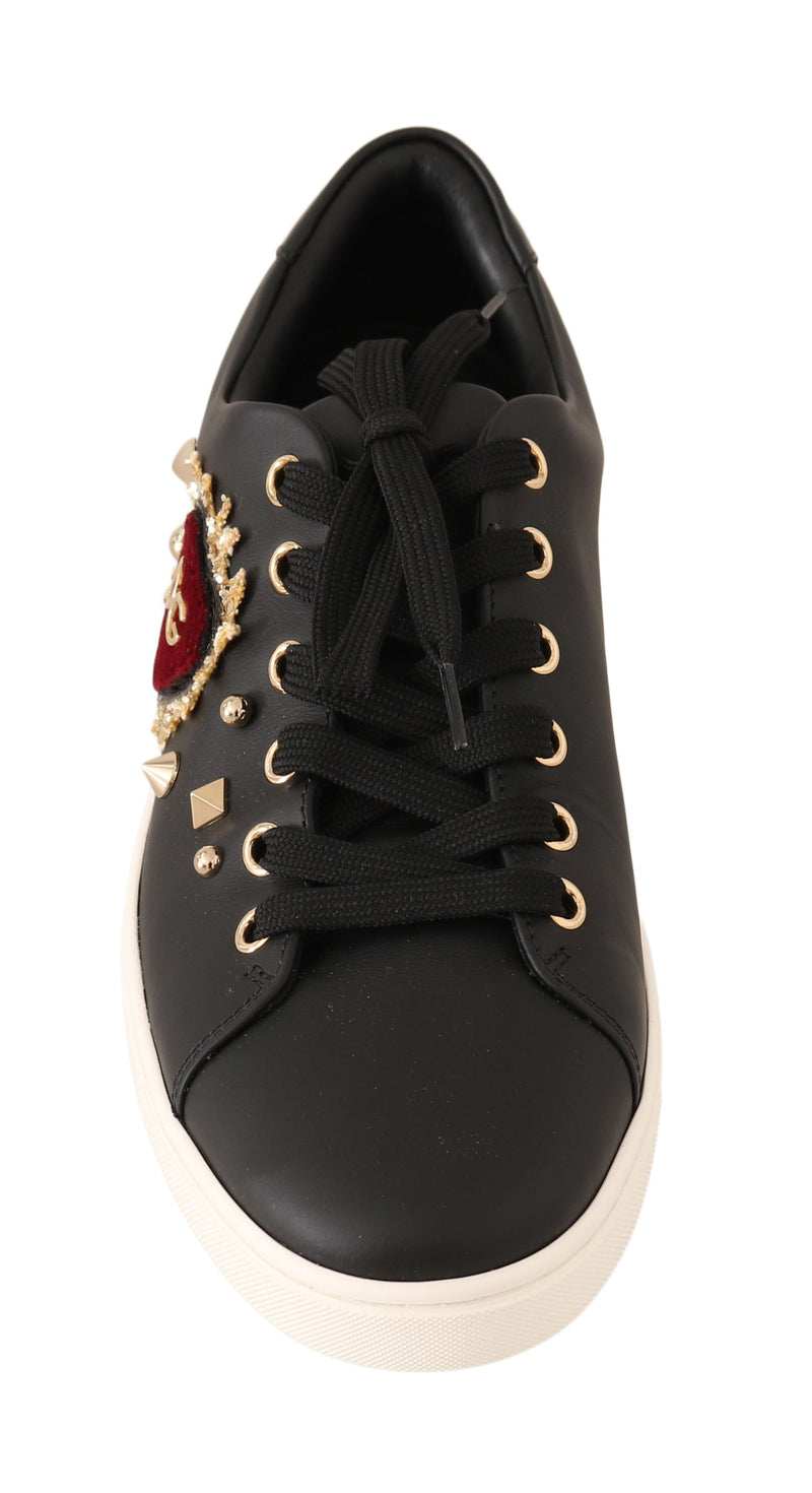Black Leather Gold Red Heart Sneakers