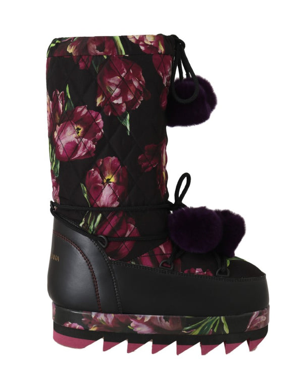 Black White Tulip Print Snow Boots