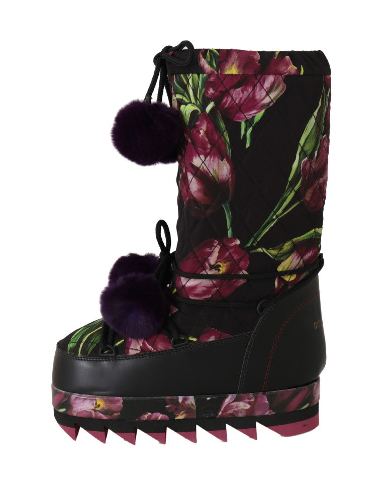 Black White Tulip Print Snow Boots