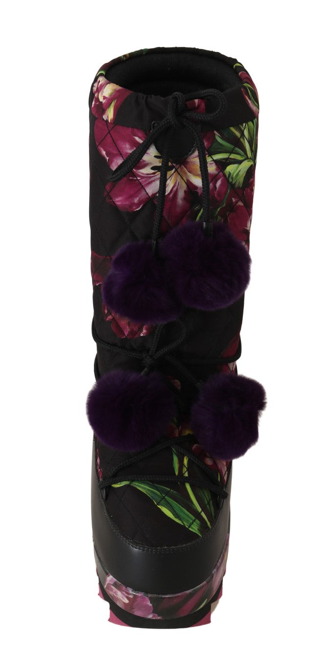 Black White Tulip Print Snow Boots