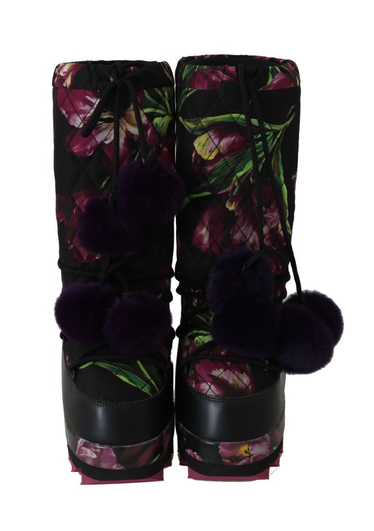 Black White Tulip Print Snow Boots