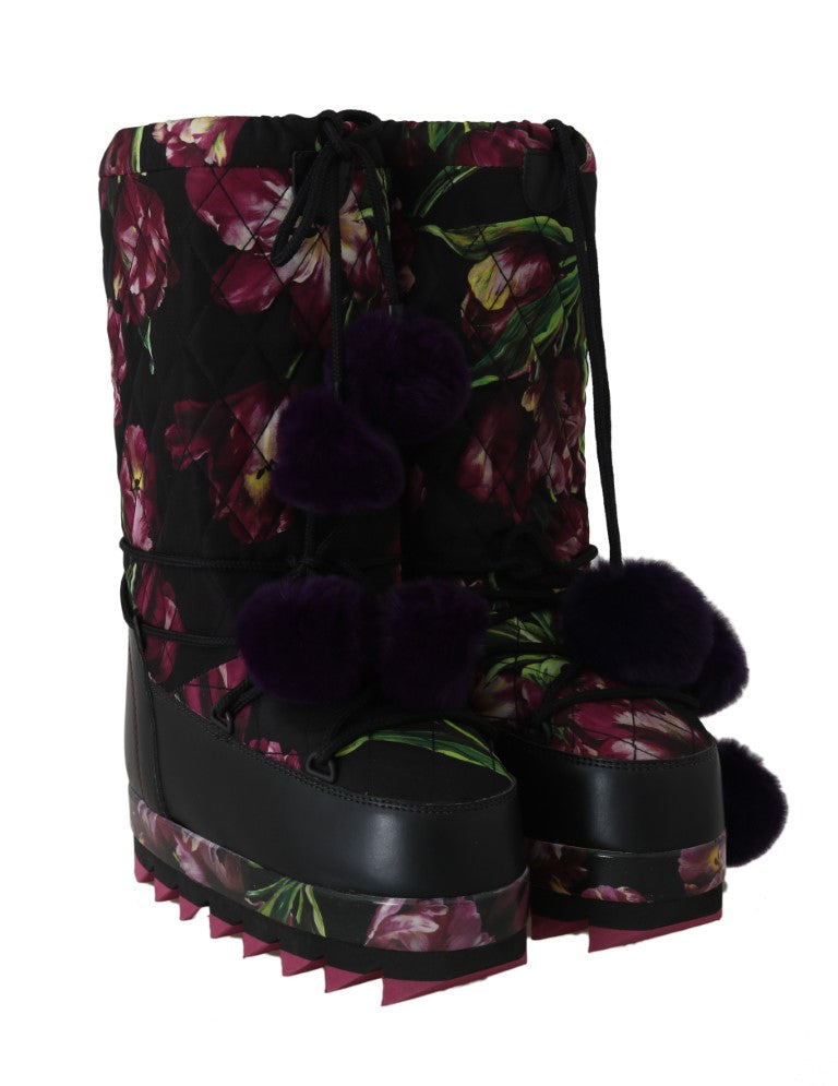 Black White Tulip Print Snow Boots