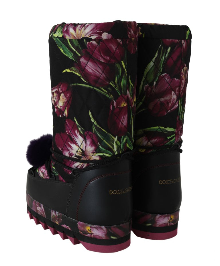 Black White Tulip Print Snow Boots