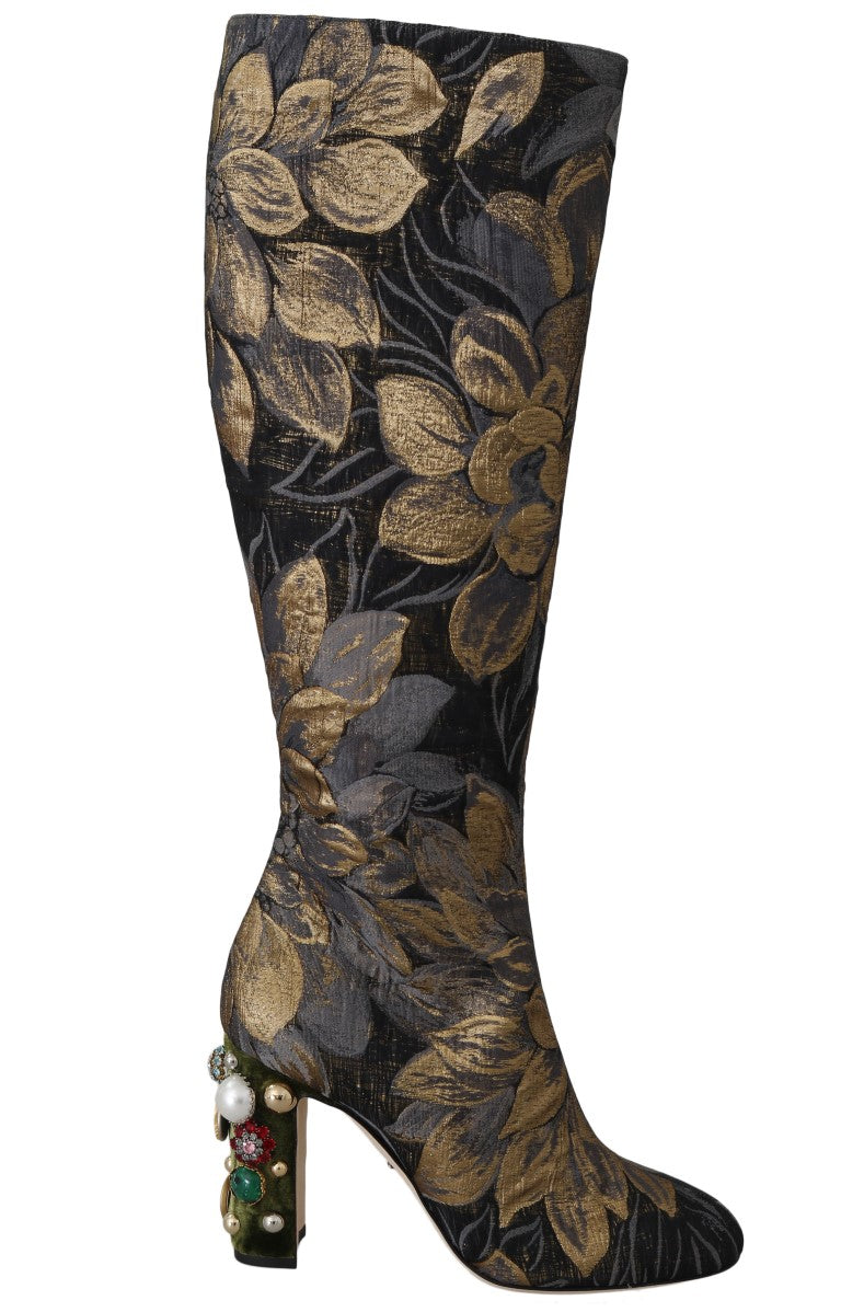 Gold Jacquard High Knee Boots