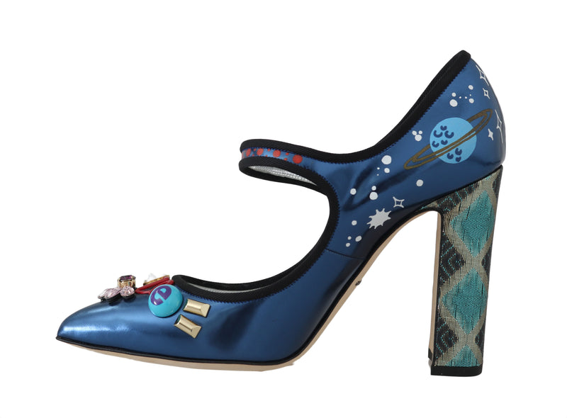 Blue Leather Crystal Mary Jane Pumps
